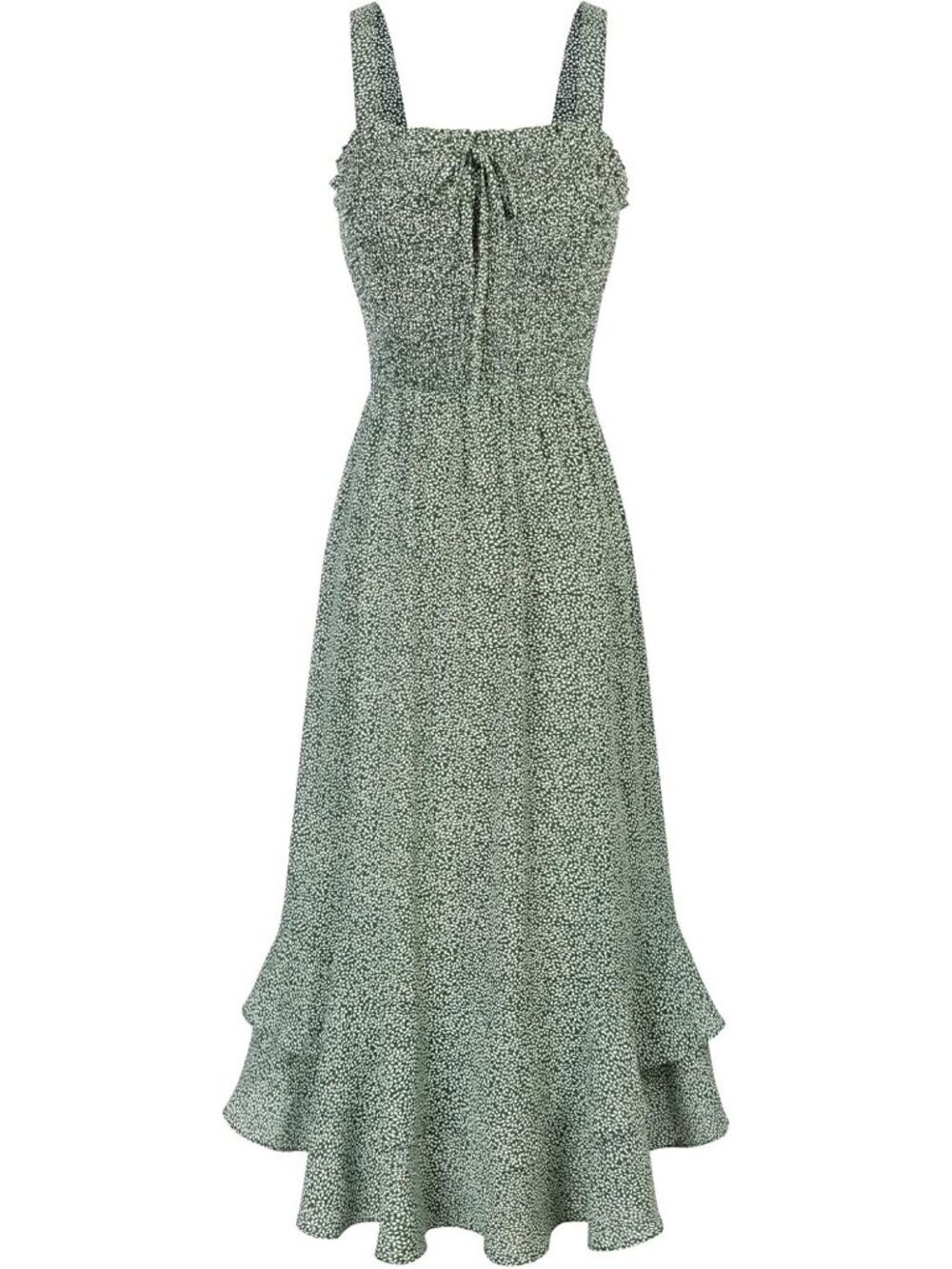Women's Summer Floral Boho Dress Green Square Neck Strapped Swing A Line